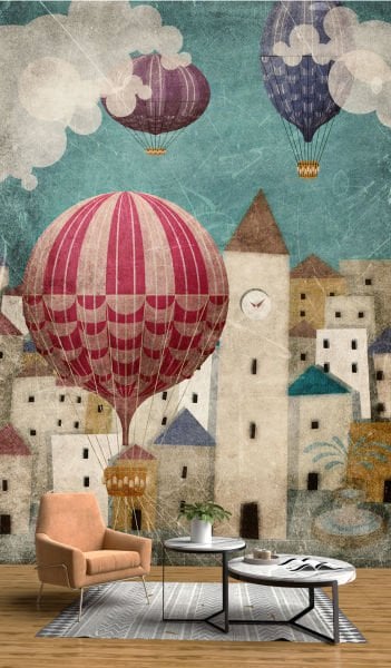 Uva Çoçuk Grubu Mor Mavi Pembe Uçan BalonluDuvar Kağıdı