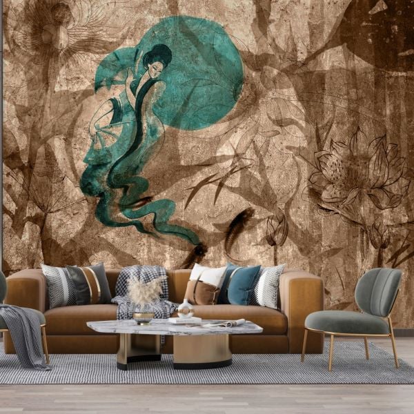 Sepya Zeminde Turkuaz Ay Ve Japon Balıkları Duvar Kağıdı