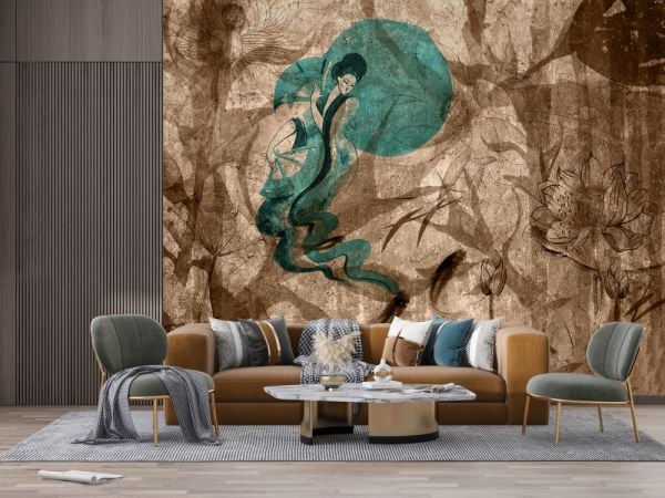 Sepya Zeminde Turkuaz Ay Ve Japon Balıkları Duvar Kağıdı