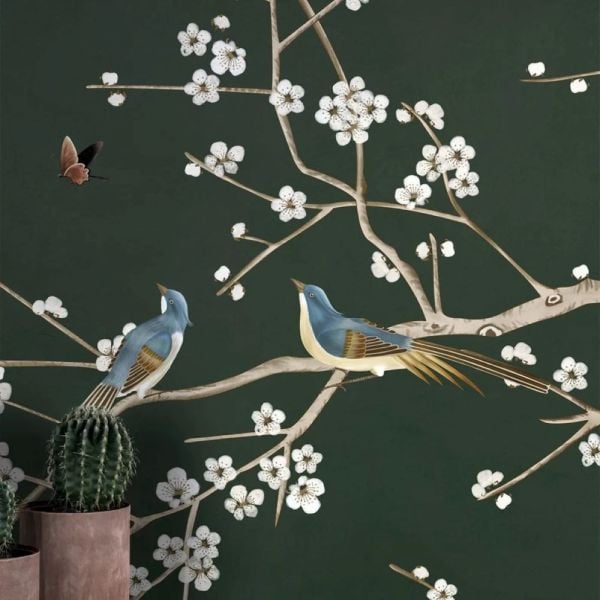Bahar Dalı Minik Çiçek Ve Kuşlu Duvar Kağıdı