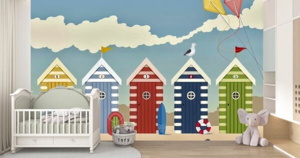 Uva Çoçuk Grubu Sahilde Renkli Kabinli Duvar Kağıdı