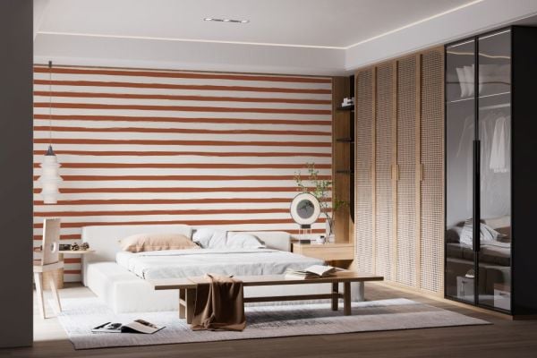 Kiremit Renk Fırça Darbeli Çizgili Duvar Kağıdı