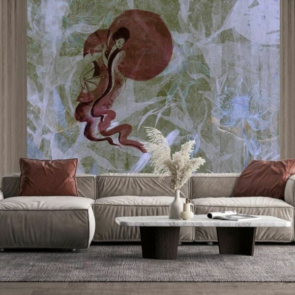 Ayın Üzerinde Bordo Kimonalı Kadın Duvar Kağıdı