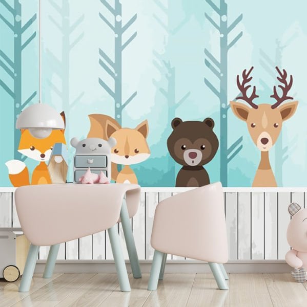 Mavi Zeminde Sevimli Hayvanlar Duvar Kağıdı