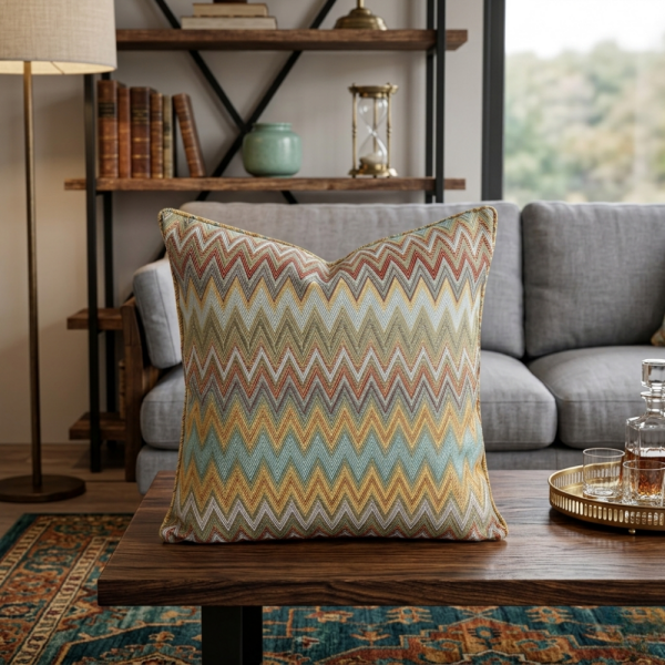 Zigzag Desenli Mavi Hardal Renk Dokuma Kırlent