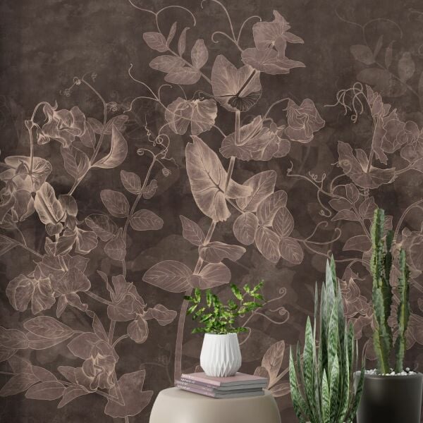 Sepya Sarmaşık Yapraklar Tasarım Duvar Kağıdı