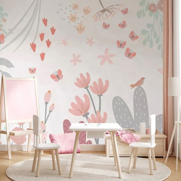 Soft Çiçekler Kelebekler Duvar Kağıdı