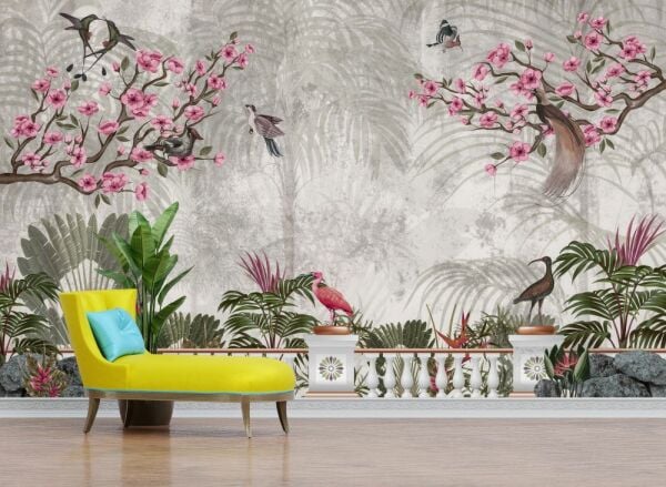 Sakura Çiçekleri Kırlangıçlar Tasarım Duvar Kağıdı