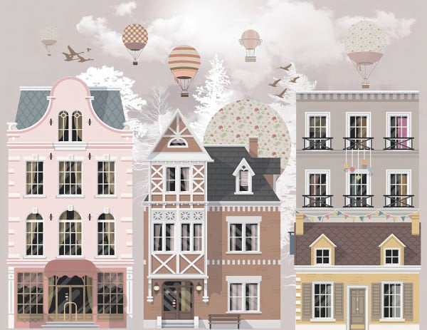 Uva Çoçuk Grubu Eğlenceli Renkli Evler Uçan Balonlar Duvar Kağıdı