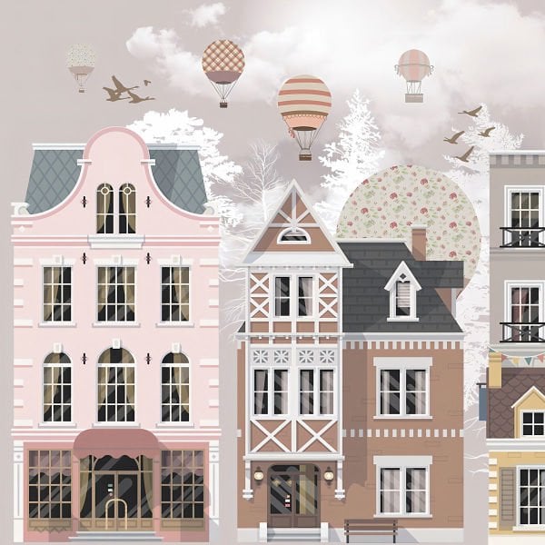 Uva Çoçuk Grubu Eğlenceli Renkli Evler Uçan Balonlar Duvar Kağıdı