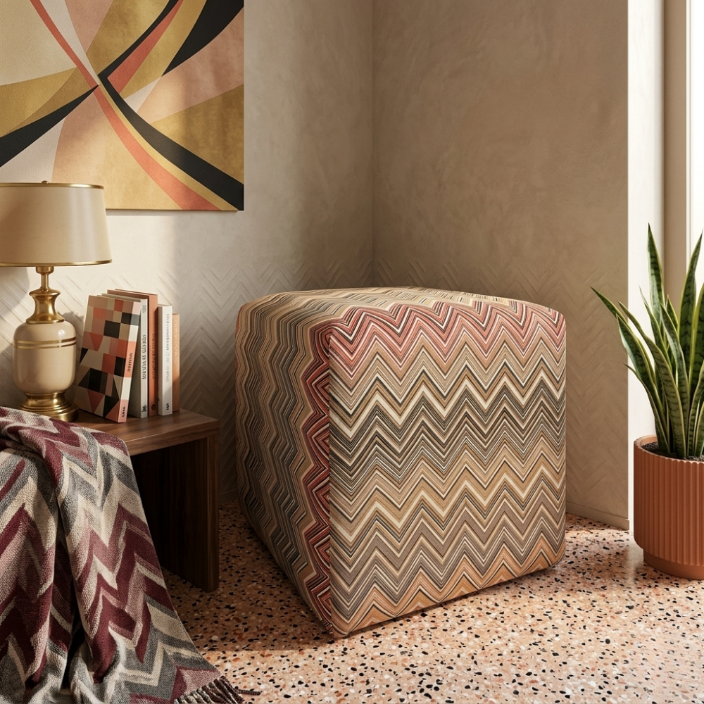 Zigzag Desenli Bej Kahve Renklerde Puf