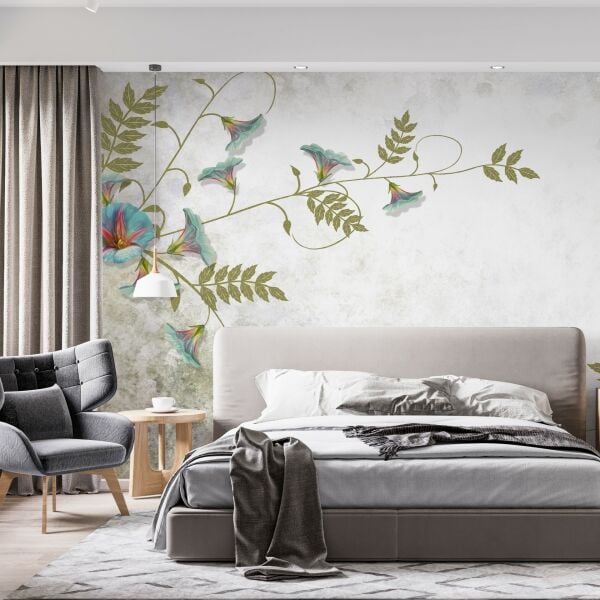 Turkuaz Mini Japon Çiçekleri Duvar Kağıdı