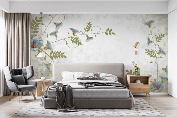 Turkuaz Mini Japon Çiçekleri Duvar Kağıdı