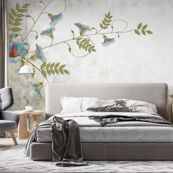 Turkuaz Mini Japon Çiçekleri Duvar Kağıdı