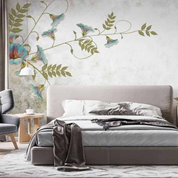 Turkuaz Mini Japon Çiçekleri Duvar Kağıdı