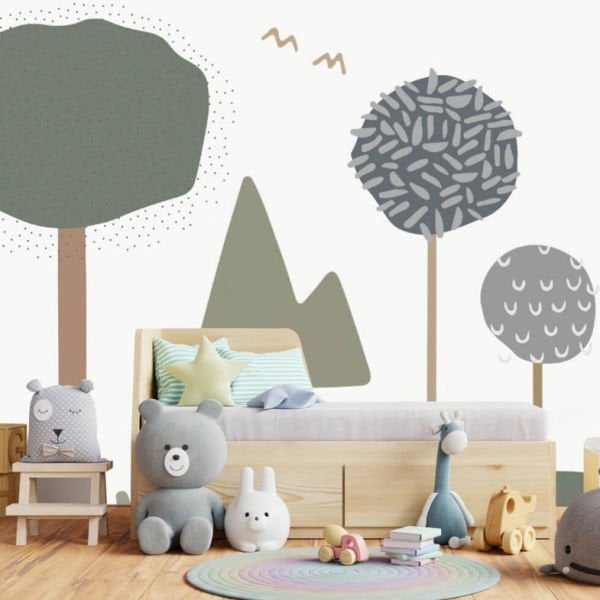 Geometrik Pastel Renkler Ağaçlar Duvar Kağıdı