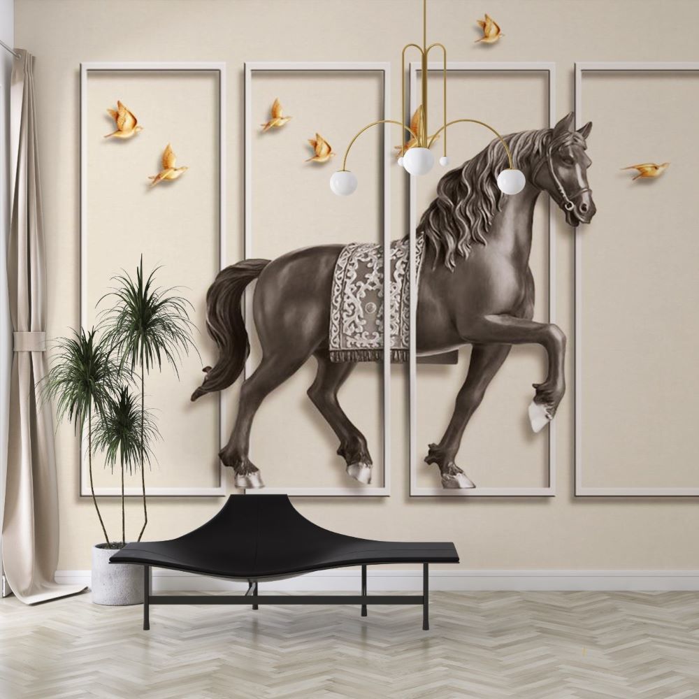 Kahverengi At Gold Kuşlar Duvar Kağıdı