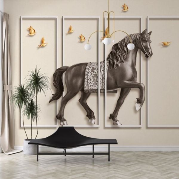 Kahverengi At Gold Kuşlar Duvar Kağıdı