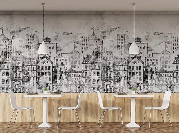 Siyah Beyaz Çizim Binalar Duvar Kağıdı