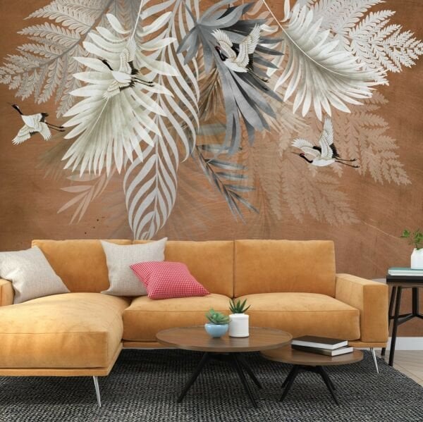 Kiremit Zemin Yapraklar Arasında Turna Kuşları Duvar Kağıdı