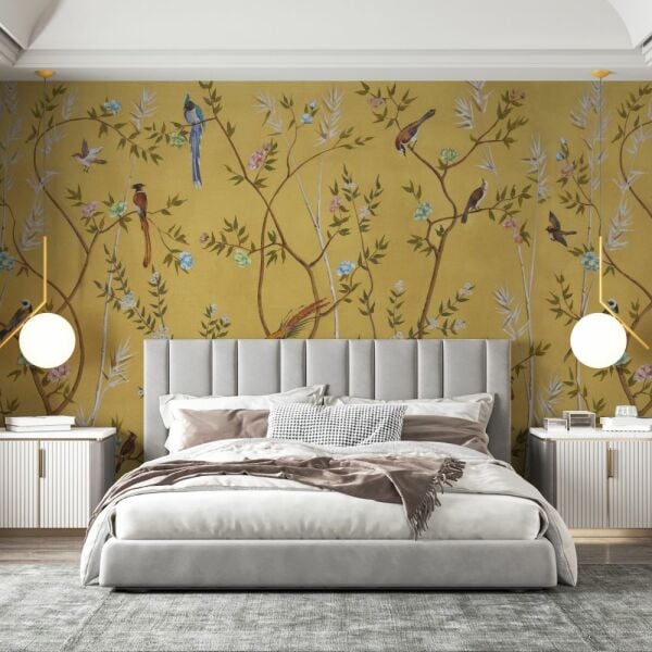 Sarmaşık ve Çiçekler Üzerinde Papağanlar Duvar Kağıdı