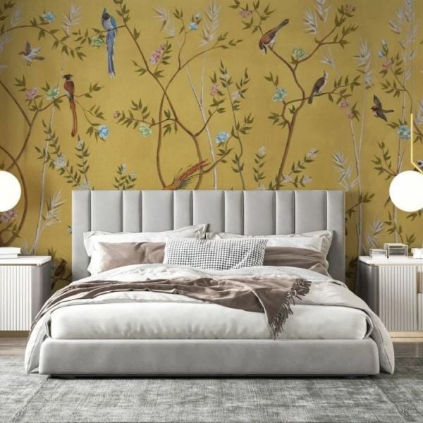 Sarmaşık ve Çiçekler Üzerinde Papağanlar Duvar Kağıdı