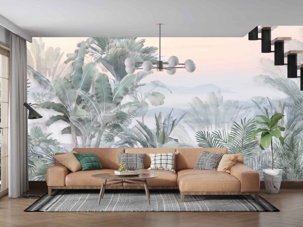 Mavi Gri Geçişli Muz Ağacı Yaprakları Duvar Kağıdı