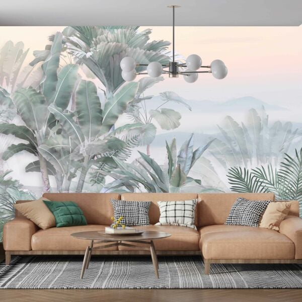 Mavi Gri Geçişli Muz Ağacı Yaprakları Duvar Kağıdı