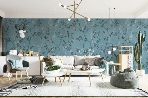 Mavi Zeminde Egzotik Papağanlar Duvar Kağıdı