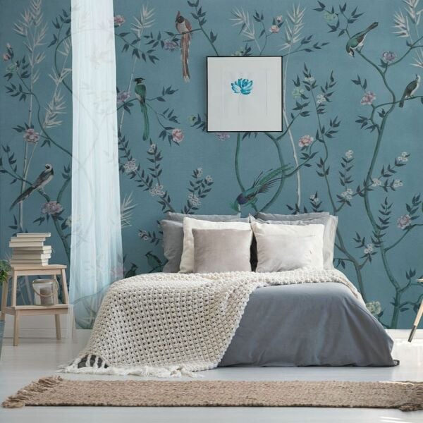 Mavi Zeminde Egzotik Papağanlar Duvar Kağıdı