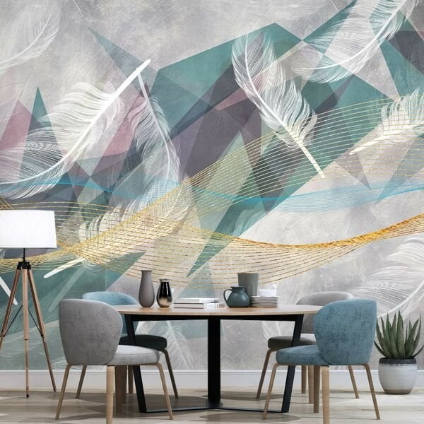 Beyaz Tüyler Gold Mavi Çizgiler Tasarım Duvar Kağıdı