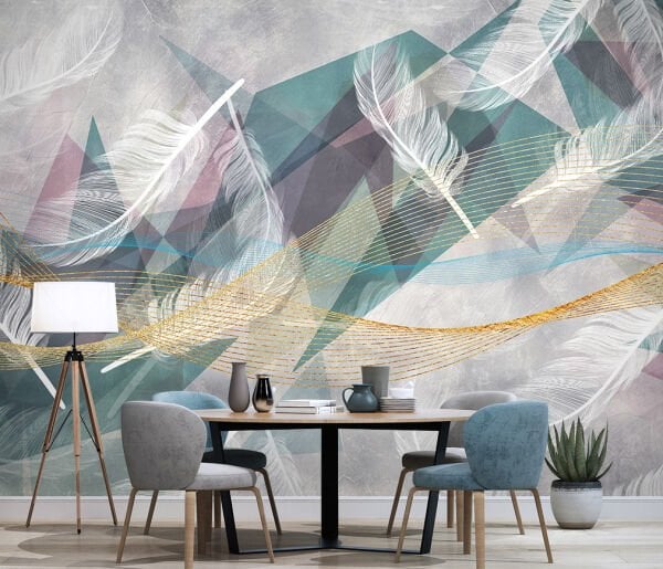 Beyaz Tüyler Gold Mavi Çizgiler Tasarım Duvar Kağıdı