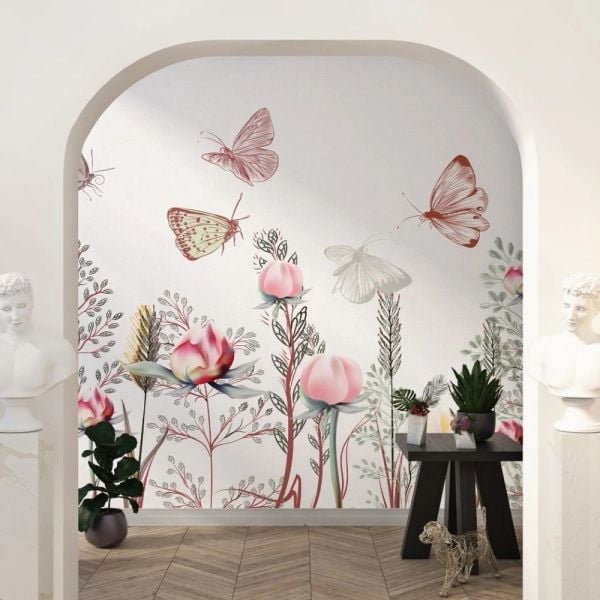 Renkli Gül Ve Kelebekler Çizim Bahçede Duvar Kağıdı