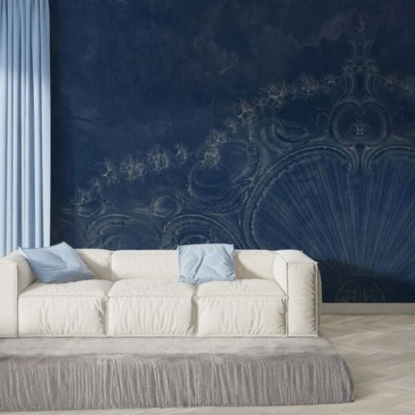 Lacivert Eskitme Zeminde Taç Desen Duvar Kağıdı