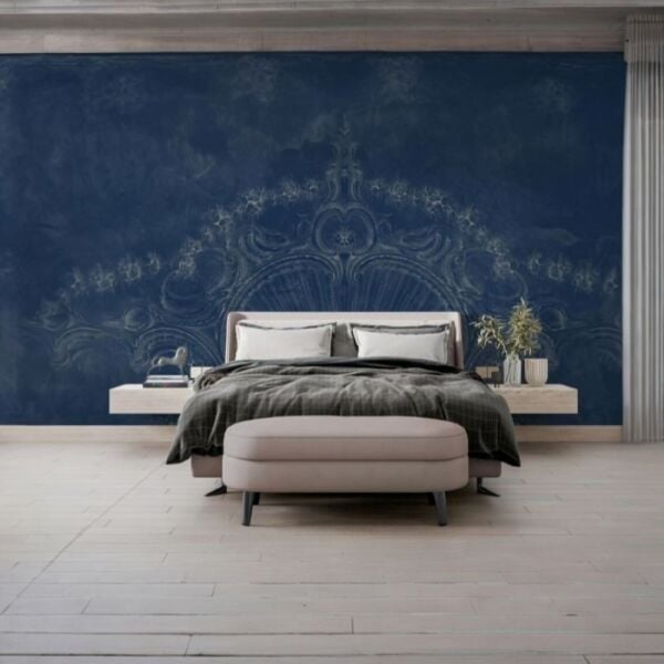 Lacivert Eskitme Zeminde Taç Desen Duvar Kağıdı
