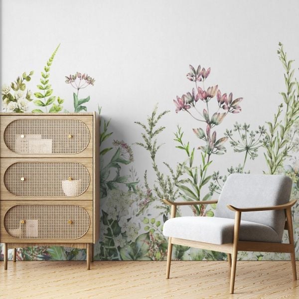 Beyaz Zeminde Egzotik Yapraklar Duvar Kağıdı