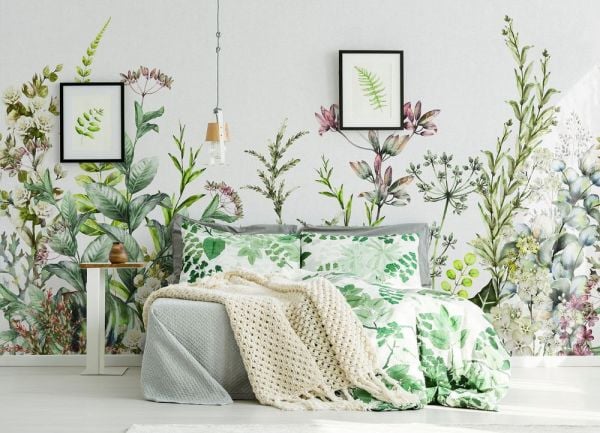 Beyaz Zeminde Egzotik Yapraklar Duvar Kağıdı