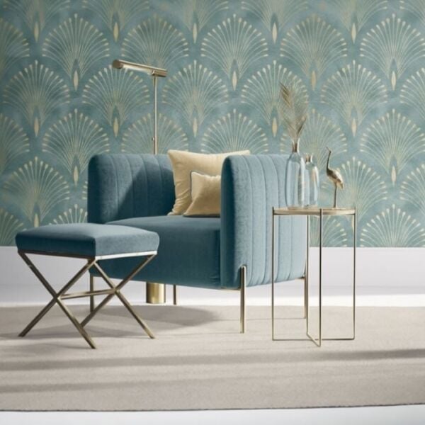 Turkuaz Soft Gold Detaylı Geometrik Desen Duvar Kağıdı