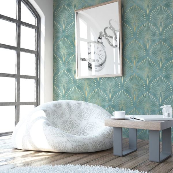 Turkuaz Soft Gold Detaylı Geometrik Desen Duvar Kağıdı