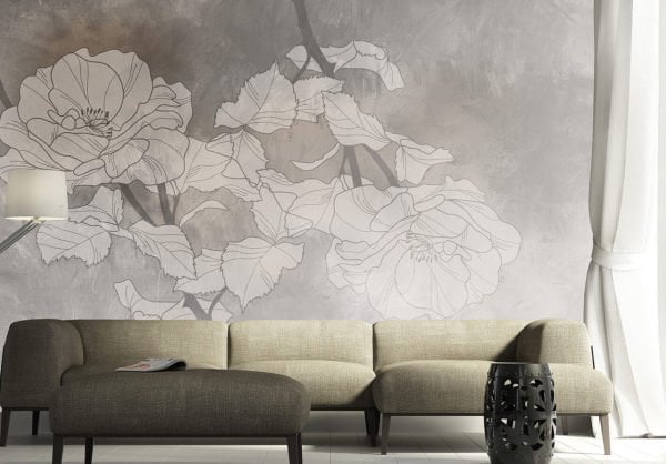 Siyah Beyaz Çizim Şakayık Çiçekler Duvar Kağıdı