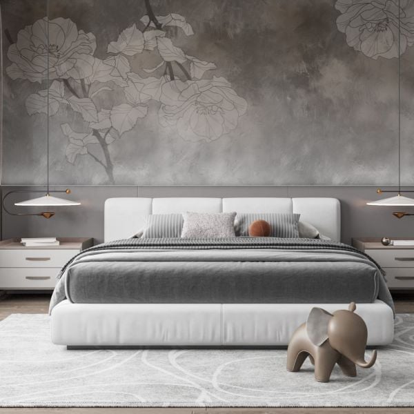 Siyah Beyaz Çizim Şakayık Çiçekler Duvar Kağıdı