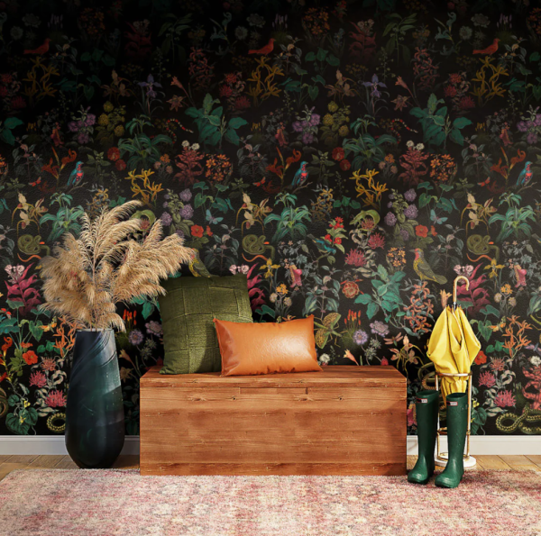 Çok Renkli Bitki Çiçek ve Hayvan Desenli Duvar Kağıdı