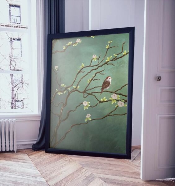 Yeşil Arka Planda Japon Çiçekleri Kuşlar Duvar Kağıdı