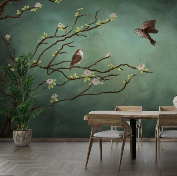 Yeşil Arka Planda Japon Çiçekleri Kuşlar Duvar Kağıdı