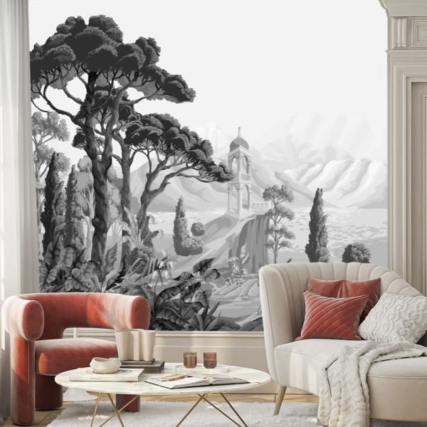 Siyah Beyaz Ağaçlar Dağlar Tasarım Duvar Kağıdı