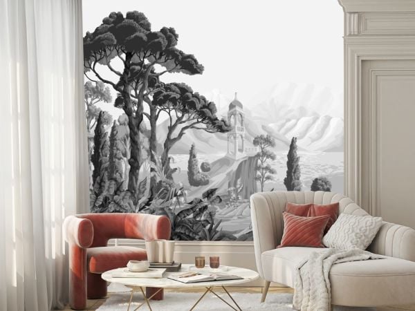 Siyah Beyaz Ağaçlar Dağlar Tasarım Duvar Kağıdı