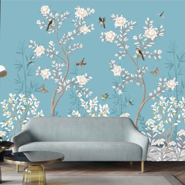 Mavi Zeminde Sakura Çiçekler Kuşlar Duvar Kağıdı