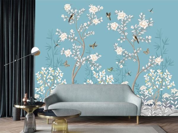 Mavi Zeminde Sakura Çiçekler Kuşlar Duvar Kağıdı