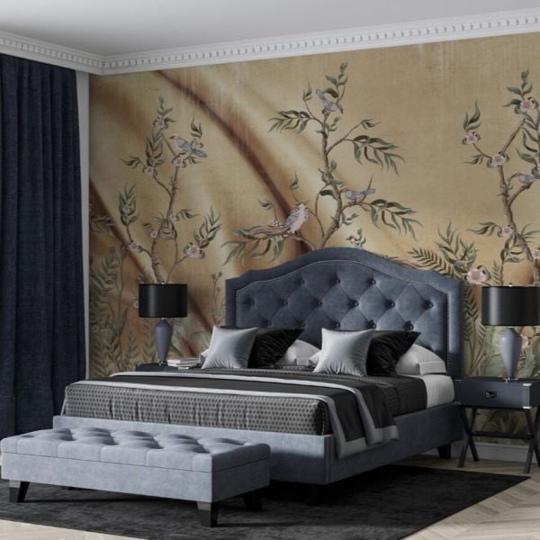 İpek Kumaş Görünümlü Japon Çiçekleri Duvar Kağıdı