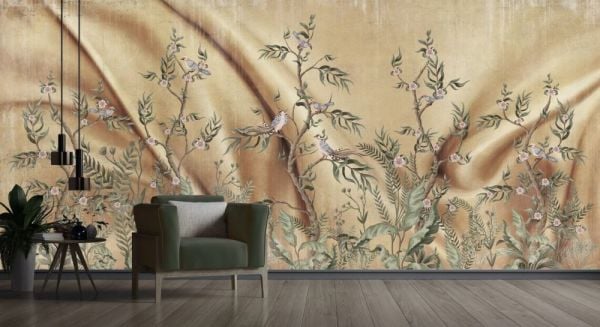 İpek Kumaş Görünümlü Japon Çiçekleri Duvar Kağıdı